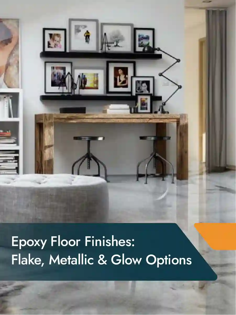 Epoxy floor finishes including flake metallic and glow designs