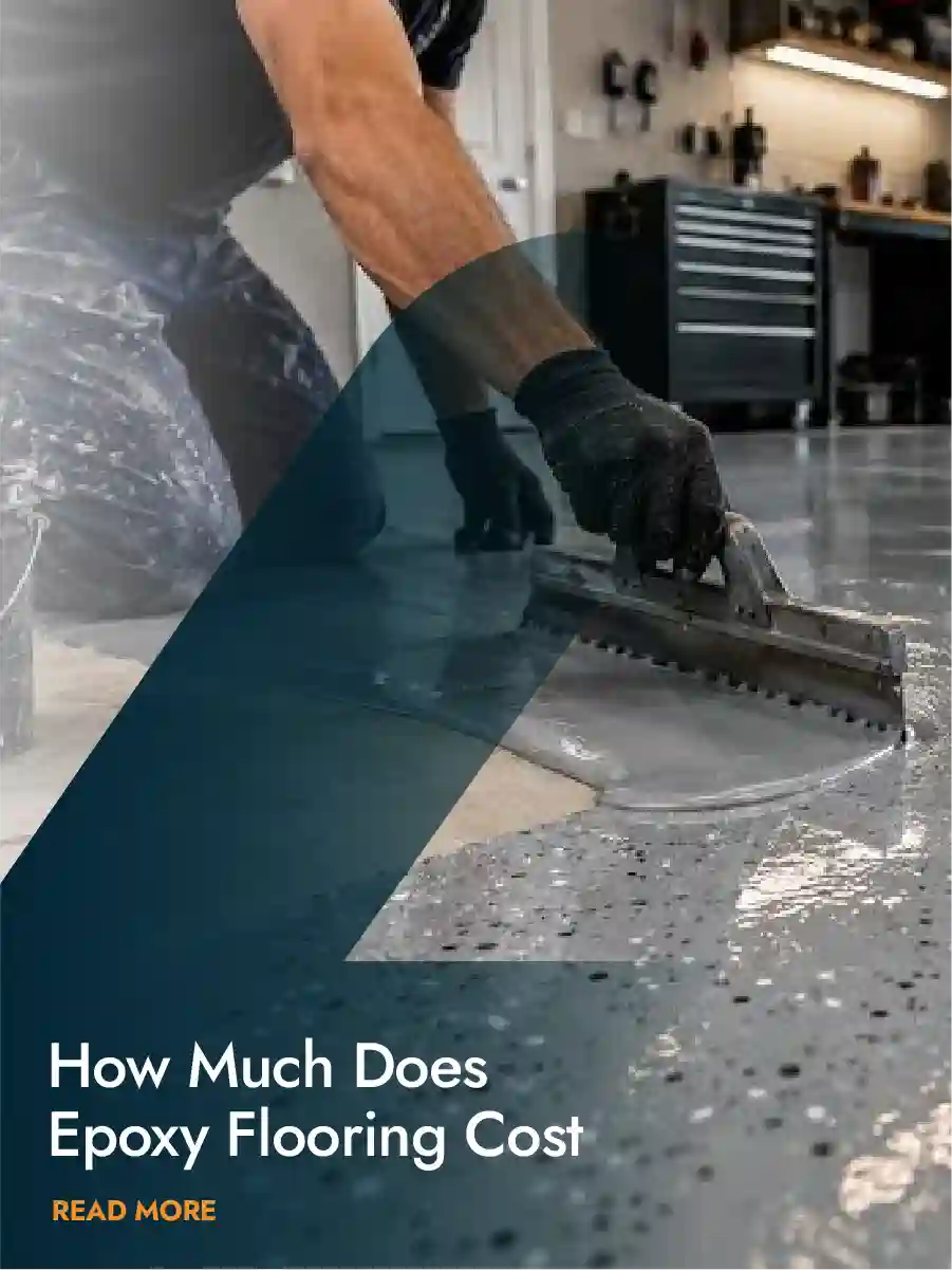 Epoxy flooring installation with a worker applying epoxy coating